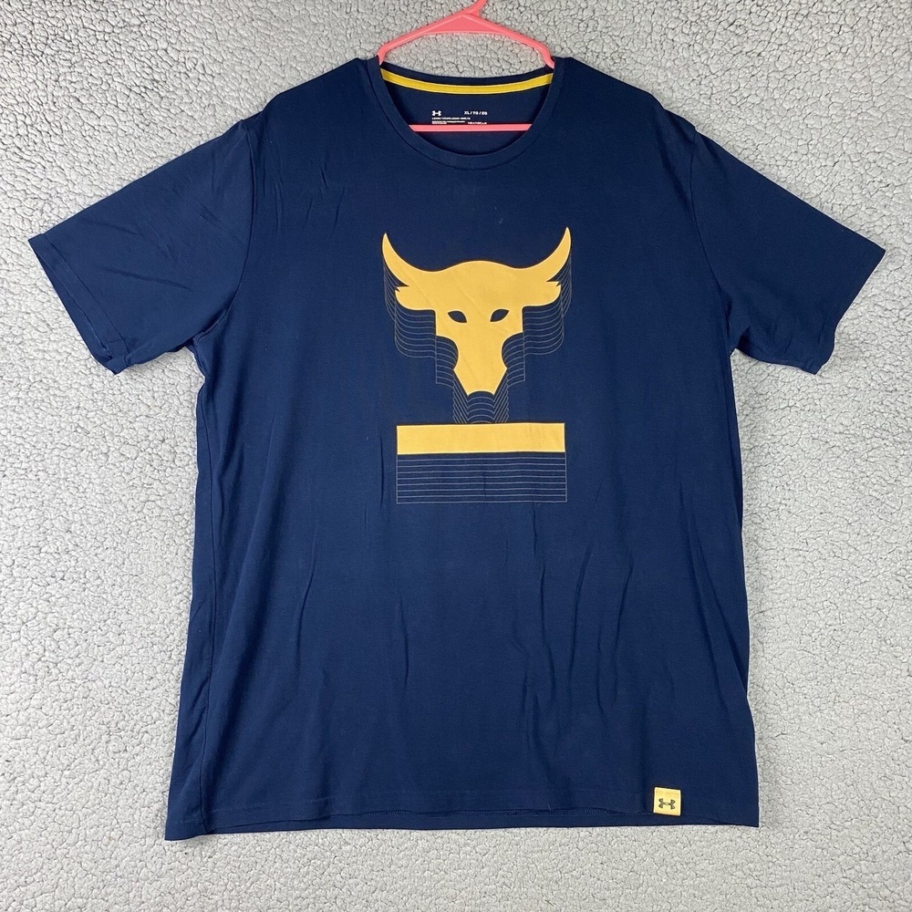 Under Armour Project Rock T-Shirt Brahma Bull Mens Size XL Navy Yellow EUC